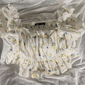 Zara White Ruffled Smocked Cropped Blouse